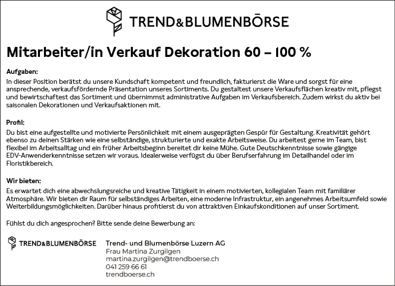 Mitarbeiter/in Verkauf Dekoration 60-100%