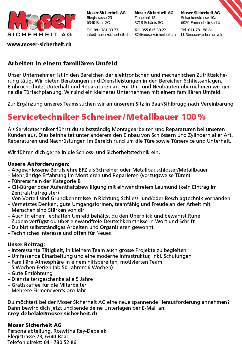Servicetechniker Schreiner/Metallbauer 100%