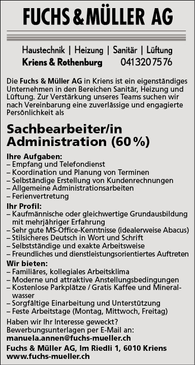 Sachbearbeiter/in Admininstration 60%