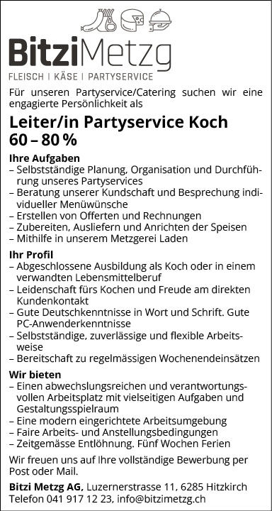 Leiter/in Partyservice Koch 60-80%
