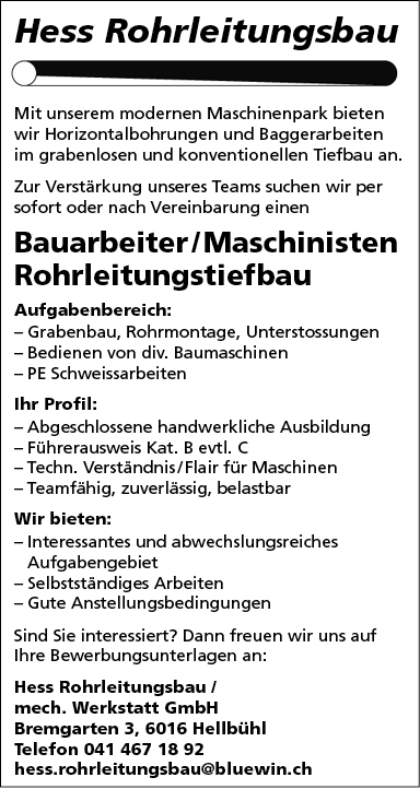 Bauarbeiter / Maschinist Rohrleitungstiefbau