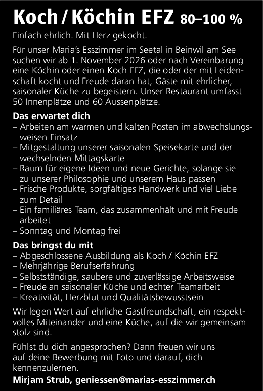 Koch/Köchin EFZ, 80-100%