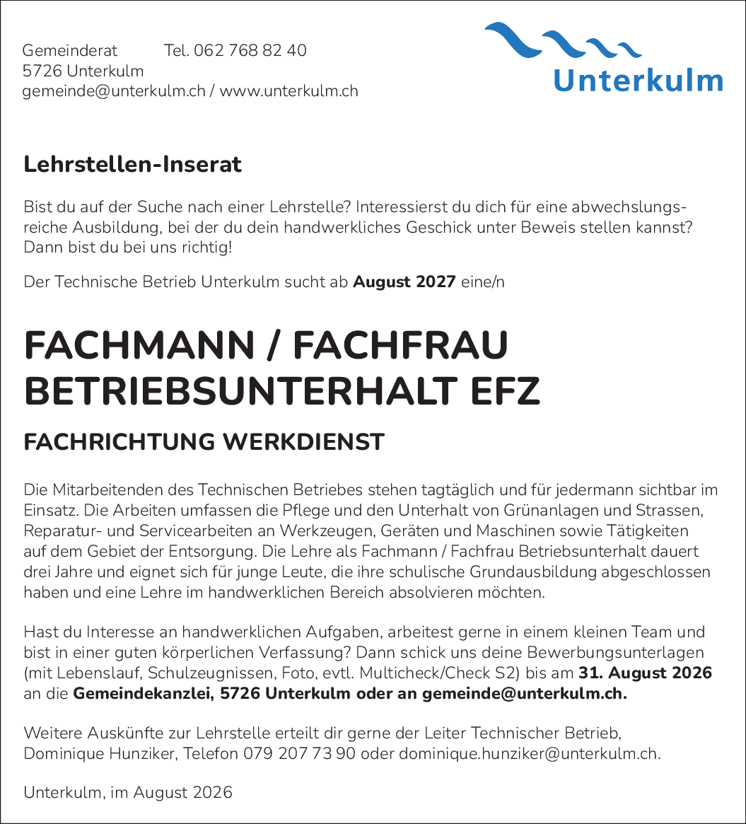 Lehrstelle Fachmann-/frau-Betriebsunter.
