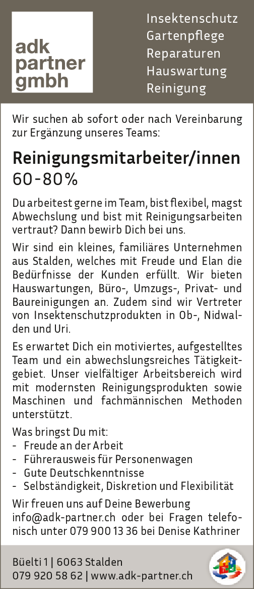 Reinigungsmitarbeiter/innen 60-80%