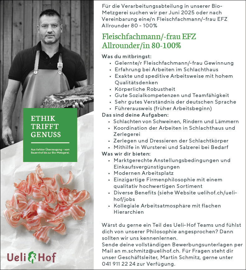 Fleischfachmann/-frau EFZ / Allrounder/in 80-100%