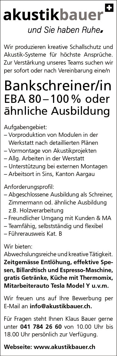 Bankschreiner/in EBA 80-100%