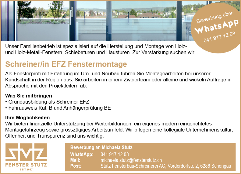 Schreiner/in EFZ Fenstermontage