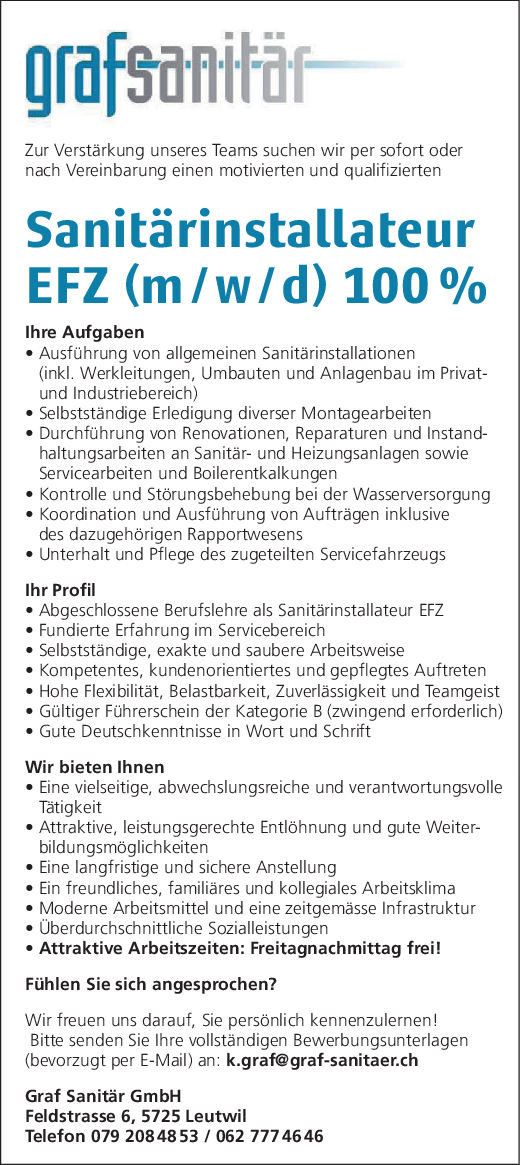 Sanitärinstallateur 100%