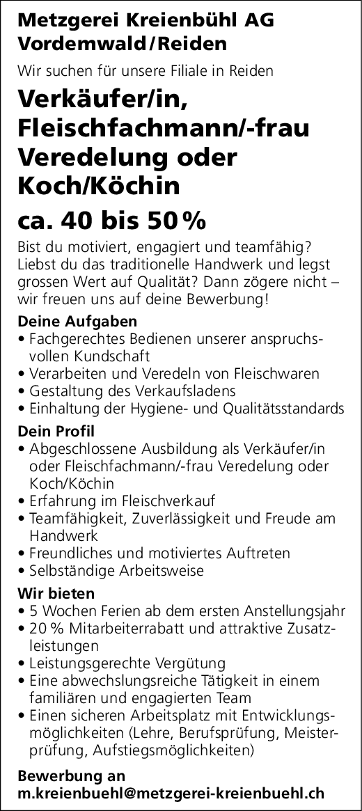 Fleischfachmann/frau / Verkäufer / Koch
